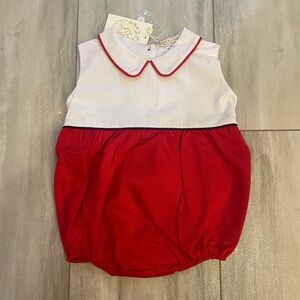 NWT TBBC Red and White Colorblock Bradford Collared Pique Bubble Romper, 12-18M